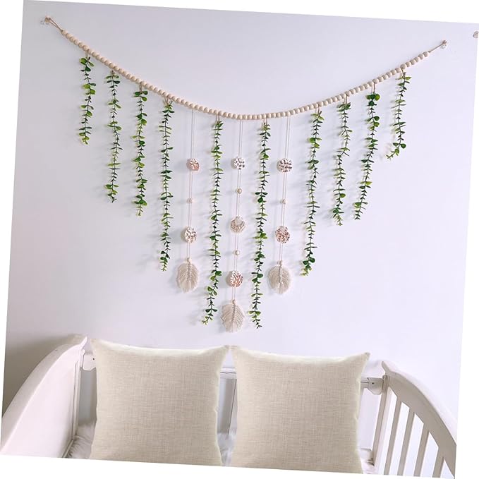 Wooden Bead Pendant with Artificial Eucalyptus Leaves Hanging Garland Lightweight Rustic Wall Decor for Bedroom Farmhouse Style Leaf Vines Pastoral Accent for Home and Party