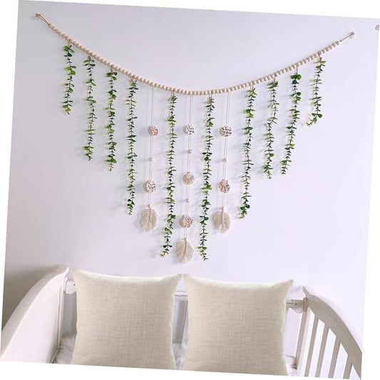 Wooden Bead Pendant with Artificial Eucalyptus Leaves Hanging Garland Lightweight Rustic Wall Decor for Bedroom Farmhouse Style Leaf Vines Pastoral Accent for Home and Party