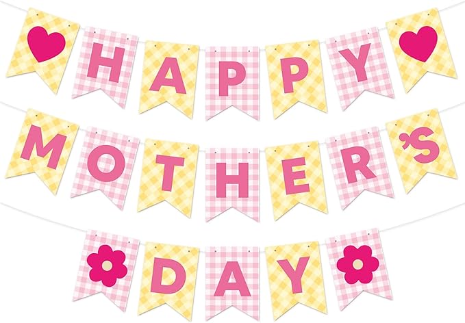 Happy Mother's Day Banner Set Decoration for Mother's Day Party Decorations Backdrop Garland for Mom Mother's Day Glitter Garland Photo Props (Yellow Heart Plaid)