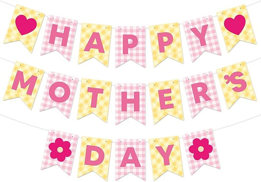 Happy Mother's Day Banner Set Decoration for Mother's Day Party Decorations Backdrop Garland for Mom Mother's Day Glitter Garland Photo Props (Yellow Heart Plaid)