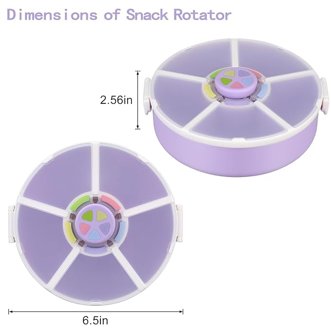 Snack Rotator Container Reusable Snack Box with 5 Compartment Dispenser and Lid, Color Matching Opening Lid, BPA and PVC Free, for Home, School, Travel (2 Pack- Purple)