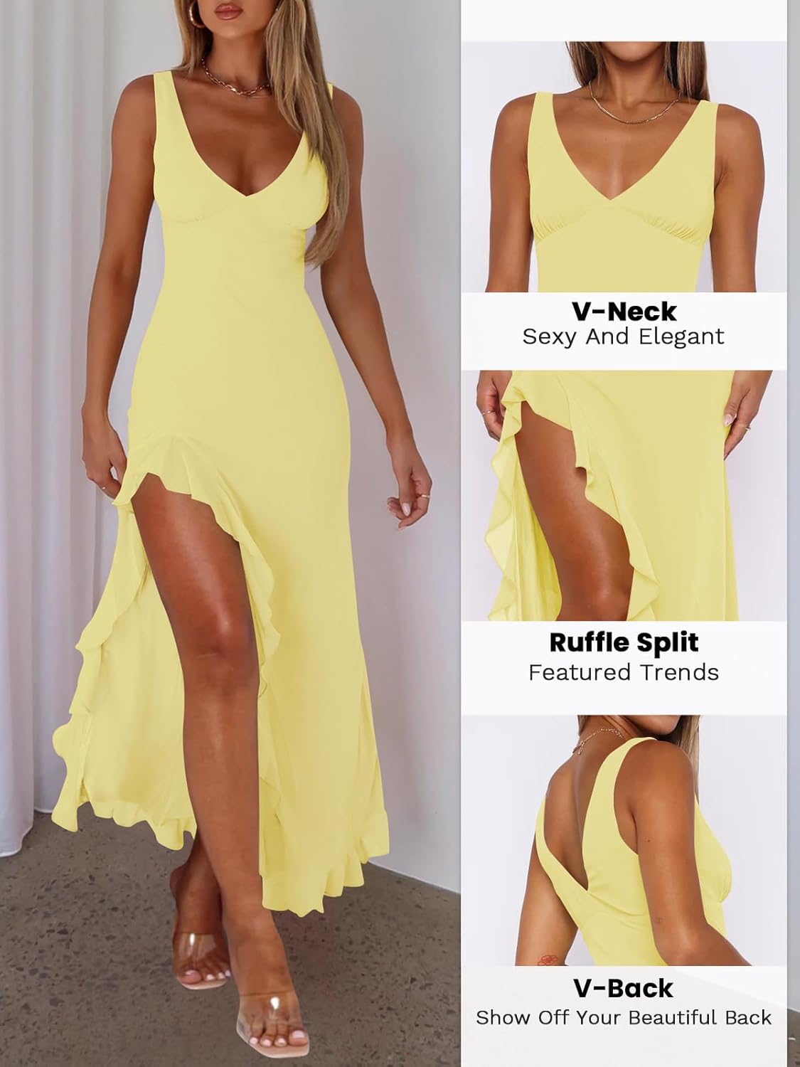 Women Sexy V Neck Sleeveless Mesh Ruffle Hem Bodycon Maxi Casual Backless High Slit Cocktail Party Dress