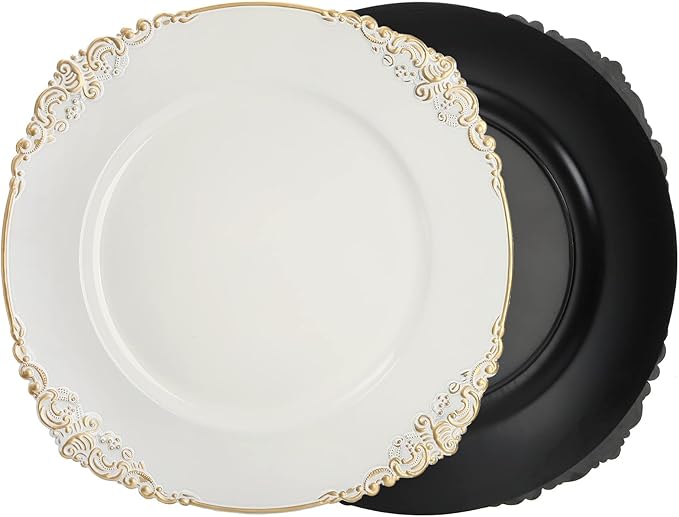 Okllen 12 Pack Plastic Round Charger Plates, 13" Dinner Charger Dessert Plates with Gold Rim, Vintage Charger Serving Plates for Catering, Wedding, Tabletop Decor, White, Floral Trim