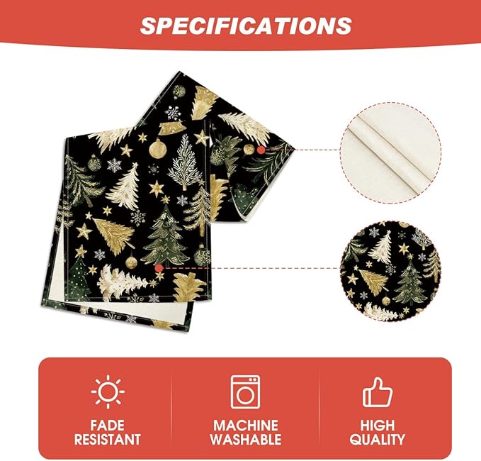 Artoid Mode Gloden Pine Trees Snowflake 210 GSM Christmas Table Runner,Xmas Balls Winter Holiday Kitchen Dining Table Decoration for Home Party Decor 13x60 Inch