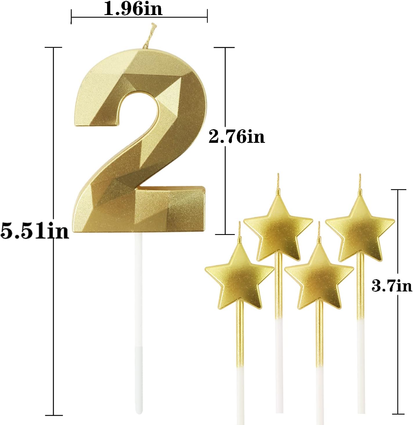 Golden Number 2 Birthday Candles and Star Birthday Candles 2.76 inch Birthday Cake Candles 3D Diamond Shaped Candles are Suitable for Birthday Parties and Anniversary Cake Decorations Candles(Gold 2)