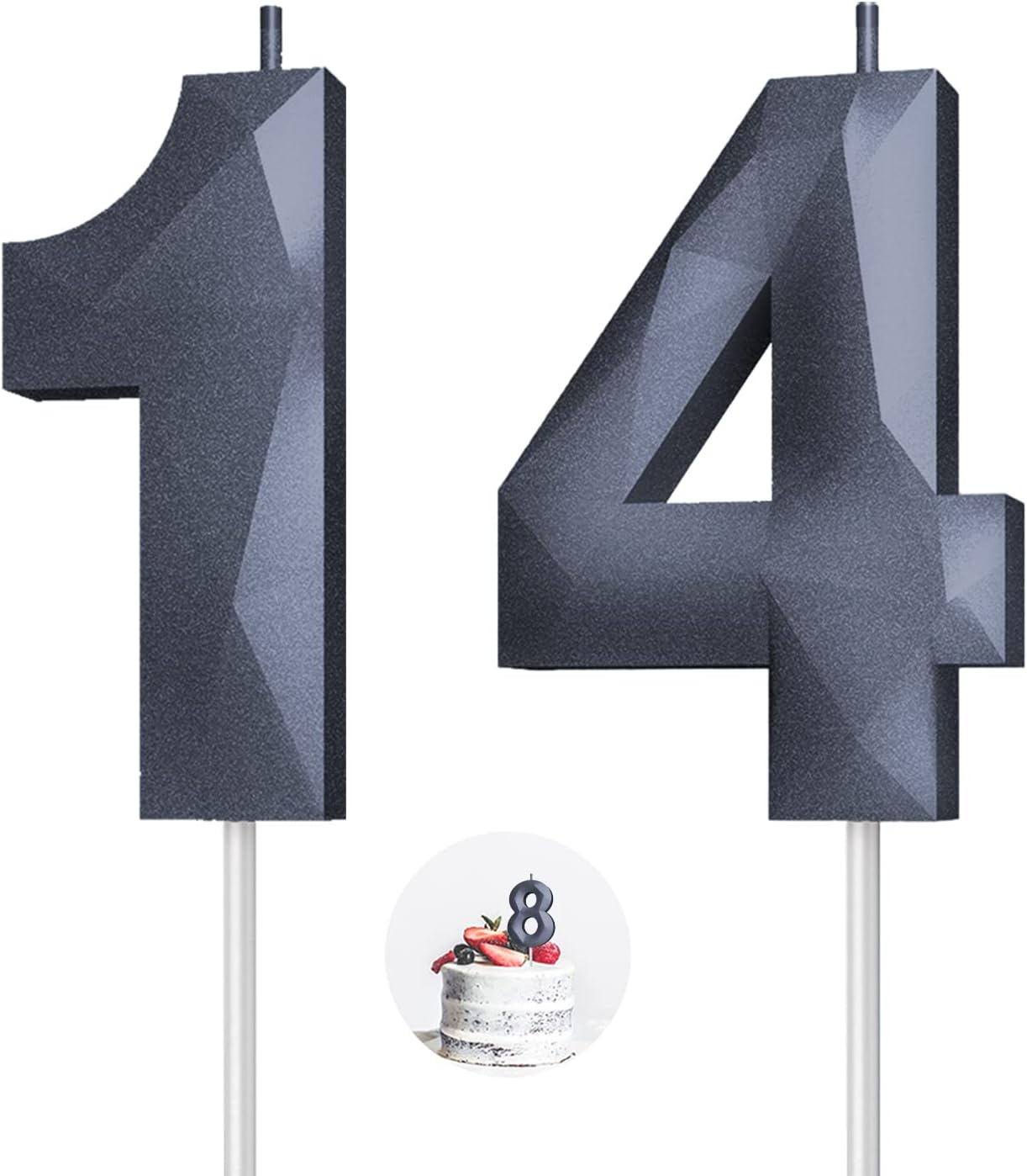 Number Birthday Candles(14 Candle Black) 3D Diamond Shape 14th Happy Birthday Cake Topper Decorations for Boy Men Birthday Wedding Anniversary Celebration Theme Party Supplies