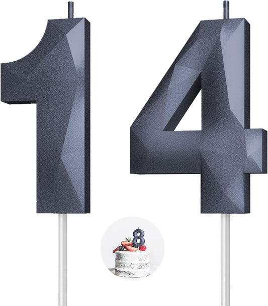 Number Birthday Candles(14 Candle Black) 3D Diamond Shape 14th Happy Birthday Cake Topper Decorations for Boy Men Birthday Wedding Anniversary Celebration Theme Party Supplies