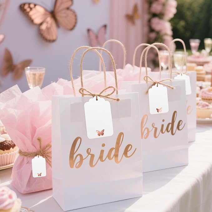 ASYEHJNR 100Pcs Blank Gift Tags with String, Foil Rose Gold Butterfly Large Gift Tags with 65 Ft Jute Twine Cute Tags White Paper Gift Tag for Birthday Baby Shower Wedding Spring Summer Gift Wrap Tag