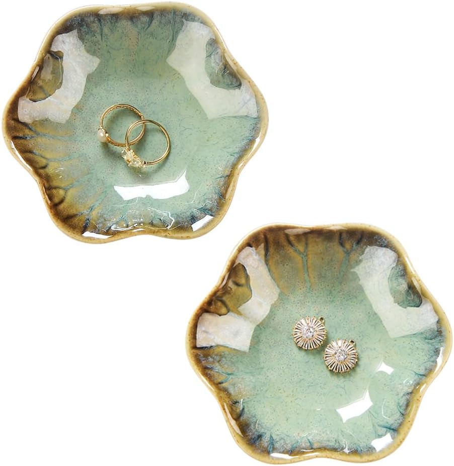 2PCS Ring Holder Dish, Small Key Bowl, Ceramic Trinket Tray Jewelry Dish Organizing Necklace Earrings for Mom Friend Sister, All Jewelries Are NOT Included. Crystal Green.