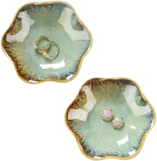 2PCS Ring Holder Dish, Small Key Bowl, Ceramic Trinket Tray Jewelry Dish Organizing Necklace Earrings for Mom Friend Sister, All Jewelries Are NOT Included. Crystal Green.