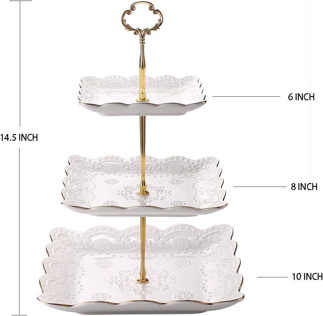 3-Tier Square Ceramic Cupcake Stand, High Tea Stand for Party or Holiday Hosting (with Gold Edge)