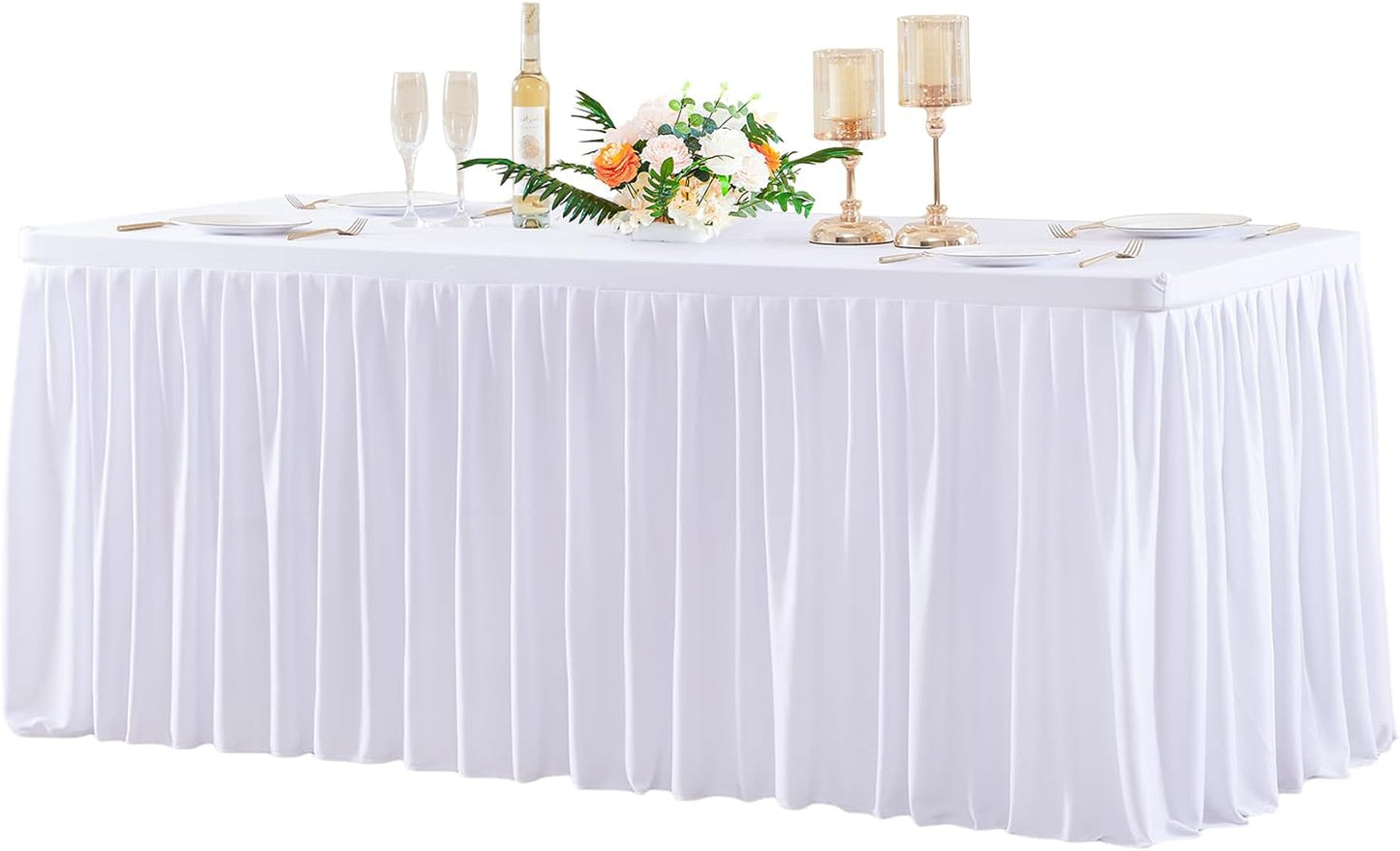 White Polyester Table Clothes for 8 Foot Rectangle Tables, Wrinkle Free Fitted Table Cover with Pleated Ruffle Table Skirt for Birthday Party Wedding Trade Show Event Display