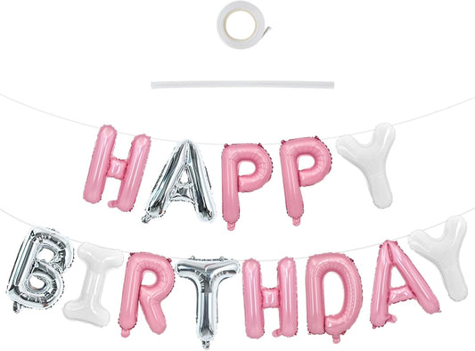 TONIFUL Happy Birthday Balloons Banner 16 Inch Mylar Foil Letters Birthday Sign Reusable for Girls Boys Kids & Adults Birthday Party Decorations Supplies（Pink Silver White）