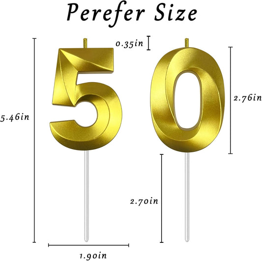 Gold Number 50 Candles, 3D Diamond 2.76 Inch Cake Topper Birthday Candles for Wedding Anniversary Cake Decorations, Happy Birthday Party Decorations