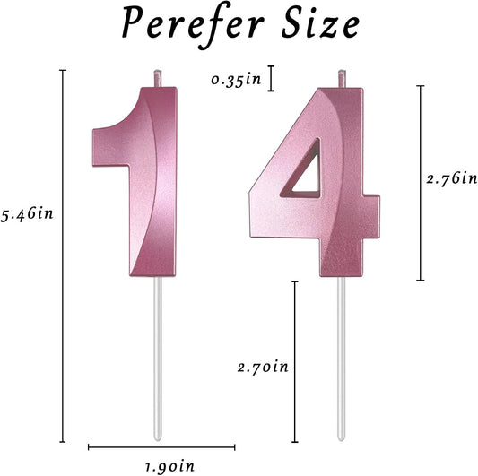 Pink Number 14 Candles, 3D Diamond 2.76 Inch Cake Topper Birthday Candles for Wedding Anniversary Cake Decorations, Happy Birthday Party Decorations