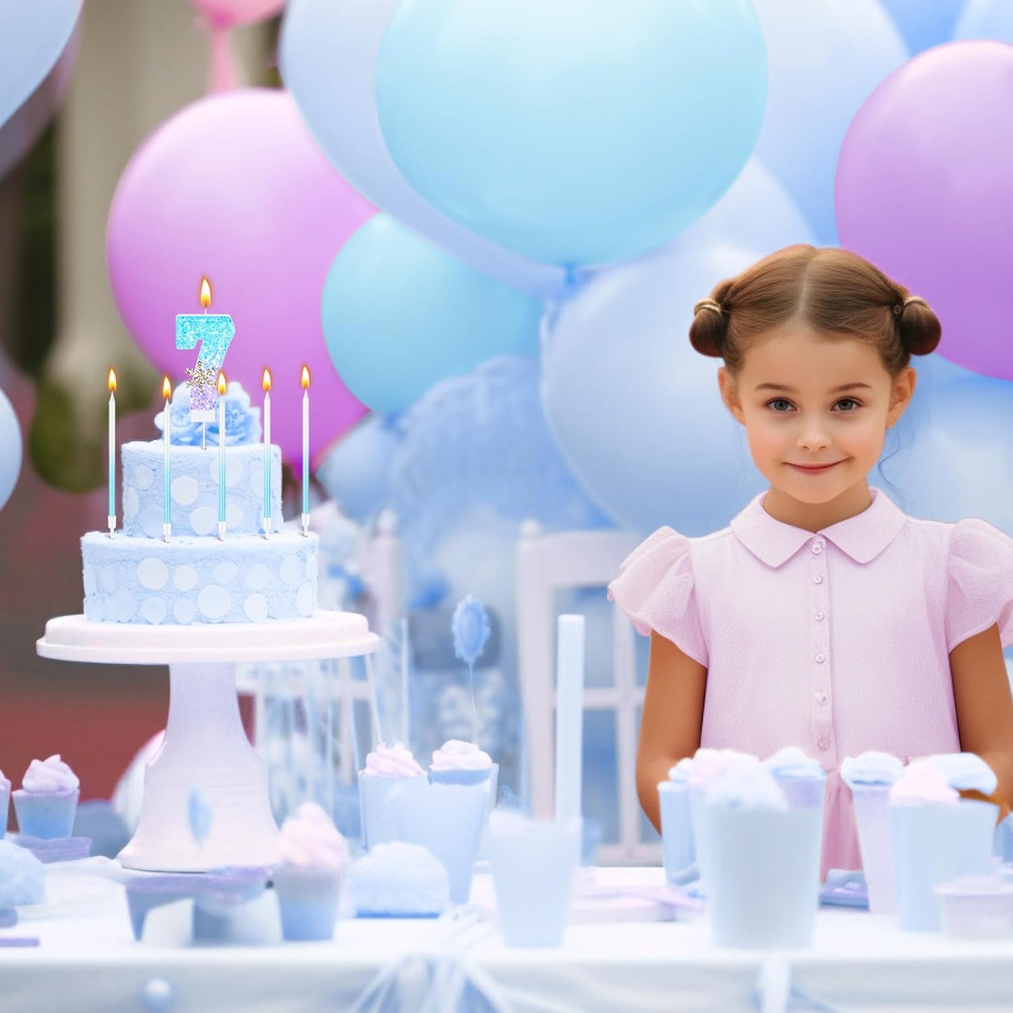 MTLEE Number 7 Birthday Candle Blue Snowflake with 6 Long Thin Cupcake Candles Blue Sparklers Glitter Number Happy Birthday Cake Topper Decorations for Winter Party Supplies
