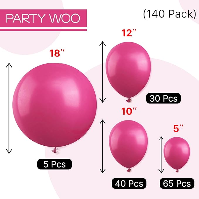 PartyWoo Hot Pink Balloons 140 pcs Different Sizes of 18 12 10 5 Inch Magenta Fuchsia Balloon Arch Kit Garland for Baby Shower Wedding Bridal Shower Anniversary Birthday Party Decorations Pink-Y12