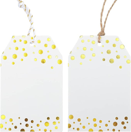 Anwyll Gift Tags with String - 100Pcs Gold Foil Metallic Confetti Polka Dot Gift Bag Tags Personalized White Blank Hang Paper Label Tag for Birthday Party Bridal Shower Wedding Christmas Favor Present