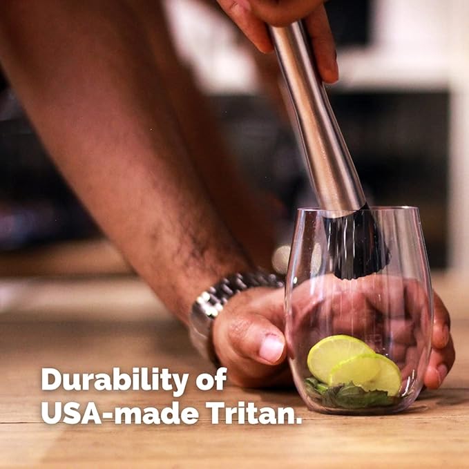 TaZa Outdoor Wine Glasses Stemless, 20oz Set of 4, Unbreakable Tritan Plastic Drinkware, Dishwasher Safe Reusable Glasses, Clear Shatterproof Glassware