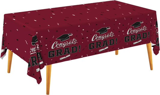Gatherfun Graduation Tablecloths Graduation Party Table Decorations Waterproof Plastic Rectangular Disposable Table Cover for Congrats Grad Party Supplies 3PCS 54x108 Inch, Maroon