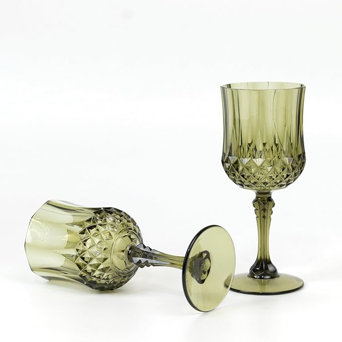Efavormart 6-Pack Plastic Wine Glasses 8oz, Dusty Sage Green - Crystal Cut Shatterproof Cocktail Goblets Drinking Glasses