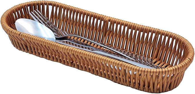 RT&BS Handwoven Utensil Basket, Artisan Mini Bread Basket, Flatware Storage Narrow Baskets for Farmhouse Kitchen, Rustic Dining Table Decor (1pcs, Oval)