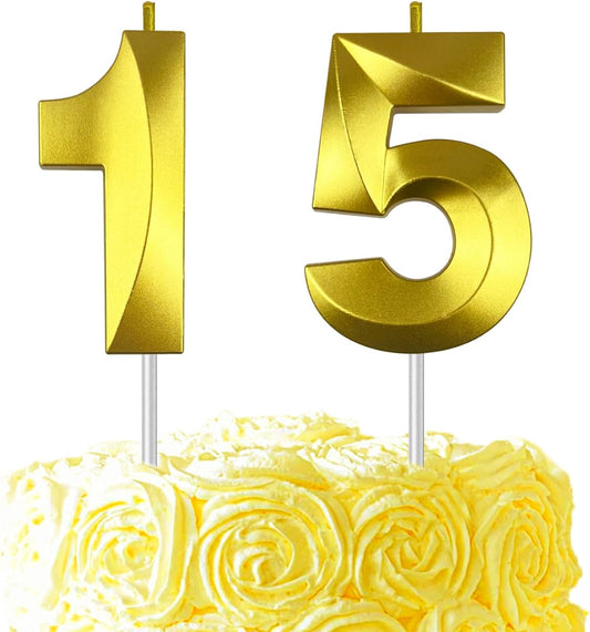 Gold Number 15 Candles, 3D Diamond 2.76 Inch Cake Topper Birthday Candles for Wedding Anniversary Cake Decorations, Happy Birthday Party Decorations