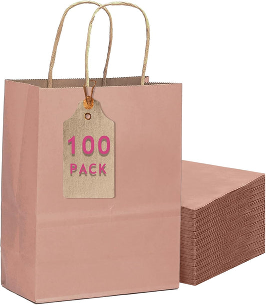 qiqee 100PCS Gift Bag with Handles Bulk Dusty Pink Paper Bags Multiple Uses (11"x5"x8" Medium Size)