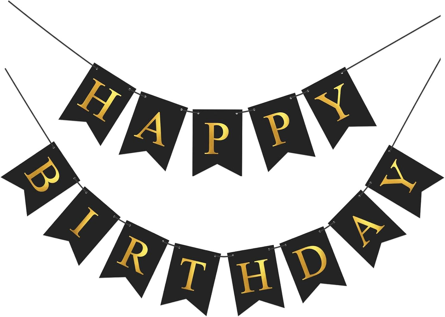 Black Happy Birthday Banner Birthday Party Banner NO DIY Happy Birthday Sign Metallic Gold Pre-Strung Birthday Hanging Decoration for Women Men Girl Boy Party Supplies (Black)