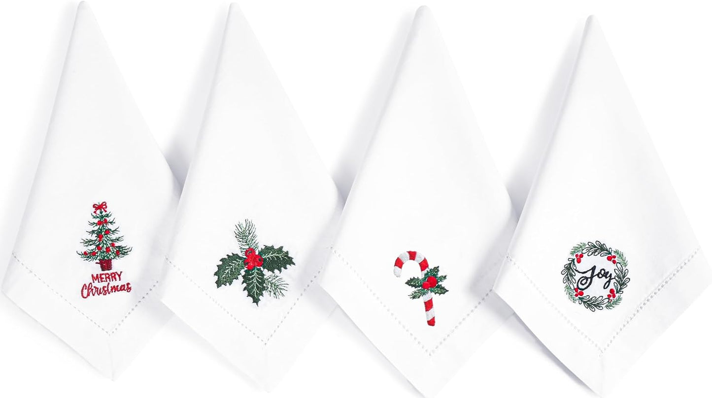Homidate Cotton Cloth Dinner Napkins Set of 12 – 18x18 White with Green & Red Embroidery – Machine Washable Elegant Fabric Napkins for Weddings, Parties & Events