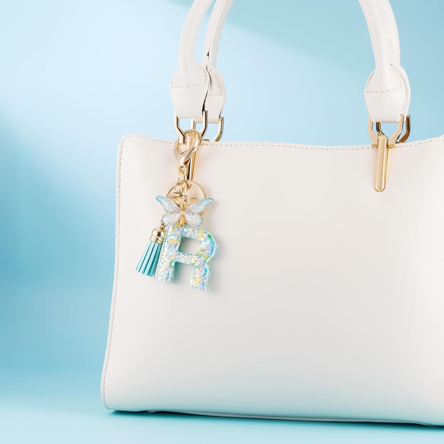 Fashion Alphabet Initial Letter Keychain Tassel Butterfly Pendant Key Ring for Purse Handbags Women Girl