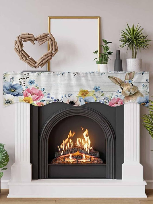 Bunny Easter Fireplace Mantel Scarf Table Runner,Spring Floral Blue Eucalyptus Leaves Wooden Winter Garland Mantel Top Tablerunners Dresser Scarves Cover for Windows Party Living Room 90"x17"
