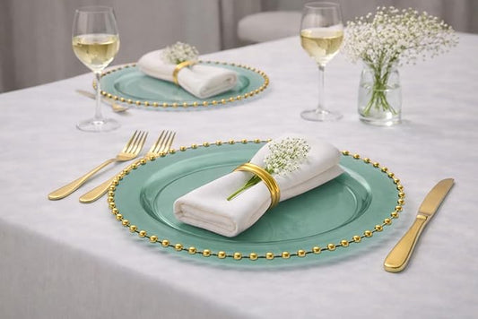 PLASTICPRO Translucent Green with Gold Rim Plastic Charger Plates with Beaded Edge – Pack of 8 – 13" Elegant Round Disposable Chargers for Weddings, Events, Parties, and Dinners