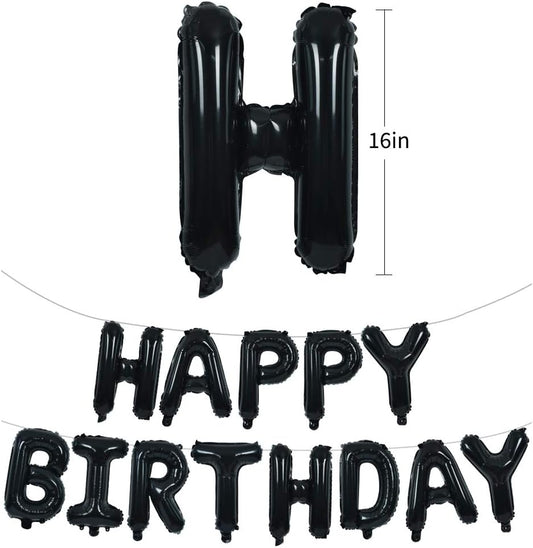 TONIFUL Black Happy Birthday Balloons Banner 16 Inch Mylar Foil Letters Birthday Sign Banner Bunting Reusable for 30th 40th 50th 60th Adults and Halloween Supplies