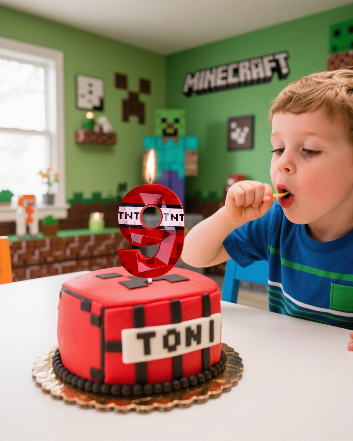 Pixel Birthday Candle, 2.68 Inch Miner Number Candles, Game Themed Candle Birthday Decoration for Pixel Theme Birthday Anniversary Dynamite Video Game Party (Red, 9)