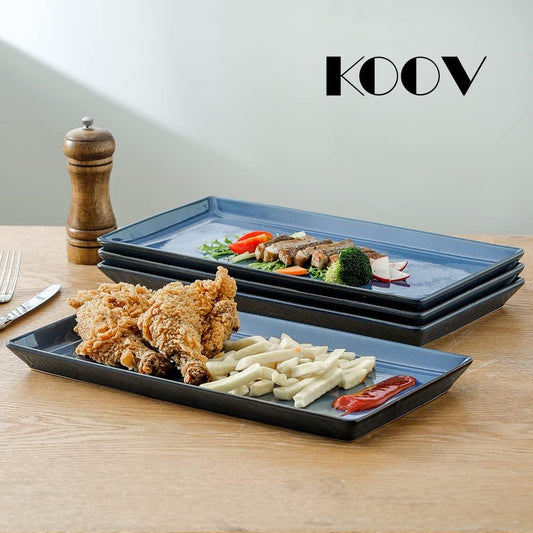 Ceramic Serving Tray, 14 Inches Large Serving Platter, Rectangular Serving Tray, Porcelain Serving Plates, Ceramic Serving Dishes for Dinner, Party, Sushi, Dessert, Food, Set of 4 (Stone Blue)