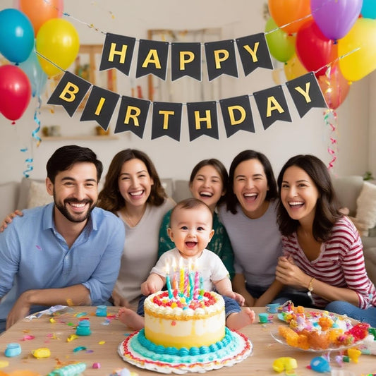 Black Happy Birthday Banner - Large Gold Lettered Decor for Birthday Party, Reusable Black & Gold Party Supplies for Boys, Girls, Men, Women