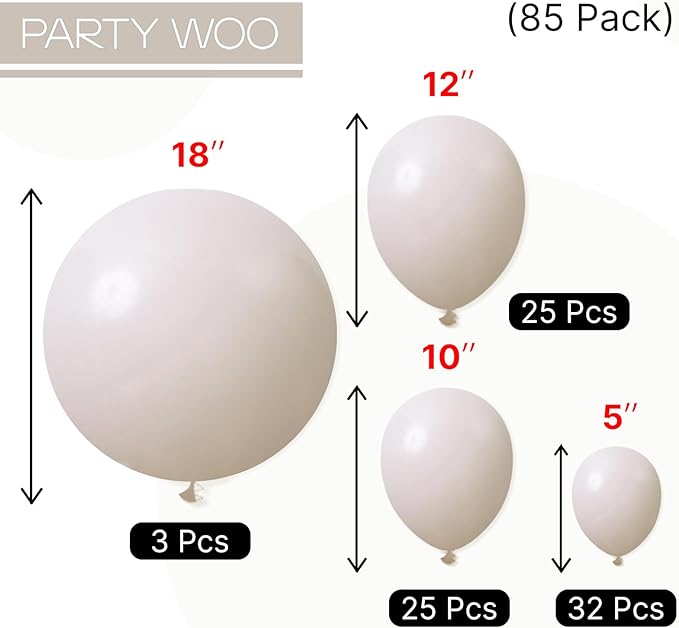 PartyWoo White Sand Balloons, 85 pcs Boho White Balloons Different Sizes Pack of 18 Inch 12 Inch 10 Inch 5 Inch Sand White Balloons for Balloon Garland Balloon Arch as Party Decorations, White-F12