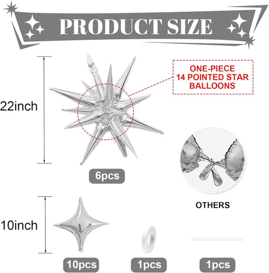 Silver Star Balloons,Explosion Star Balloons Kit with 6Pcs 22Inch Cone Star Foil Balloons and 10Pcs 10Inch Four Pointed Star Balloons for Birthday Anniversary Disco Party Decorations