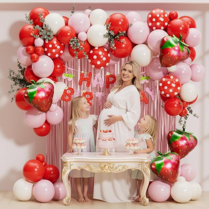 Strawberry Birthday Party Decorations 101pcs, Red Pink Red white Strawberry Balloons with Pink Fringe Curtain Happy Birthday Banner for Sweet Girl Berry First Birthday Baby Shower Party Decor