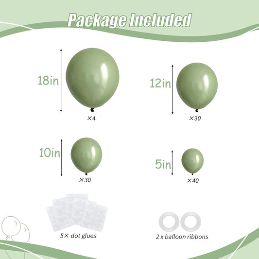 104pcs Sage Green Balloons - 18/12/10/5 Inch Neutral Green Latex Balloons Garland Arch Different Sizes Pack for Boho Wedding, Baby Showers,Bridal Shower, Birthday Party Decor