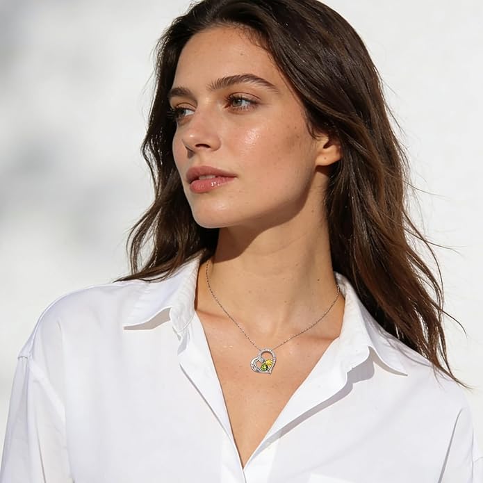 Double Birthstone Heart Necklace 0.8CT Dual-Gemstone S925 Sterling Silver Plated White Gold Engraved I Love You Perfect Anniversary/Valentine's Day Gift for Wife/Girlfriend/Mom/Daughter