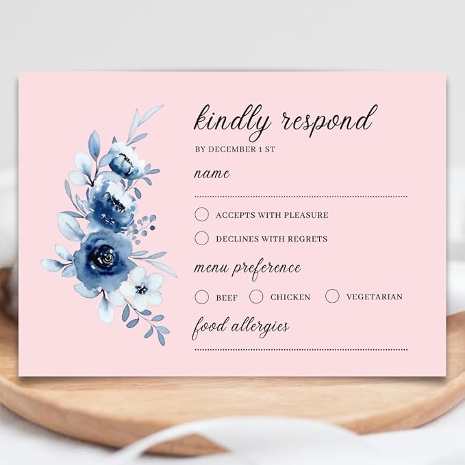 crafty-bell Glossy Finish Personalized Wedding RSVP Response Cards with White Envelopes, Blue Floral Design, 15 Count Respond Cards in Glossy Finish (Pink)