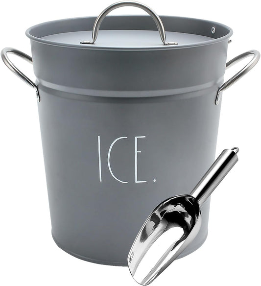 Rae Dunn Ice Bucket with Scoop - Stainless Steel Bucket with Handle, Lid and Ice Scooper - 4 Qt. Storage Bin for Ice Cubes for Bars, Parties, Backyard Barbeques, Picnics, and Camping (Grey)