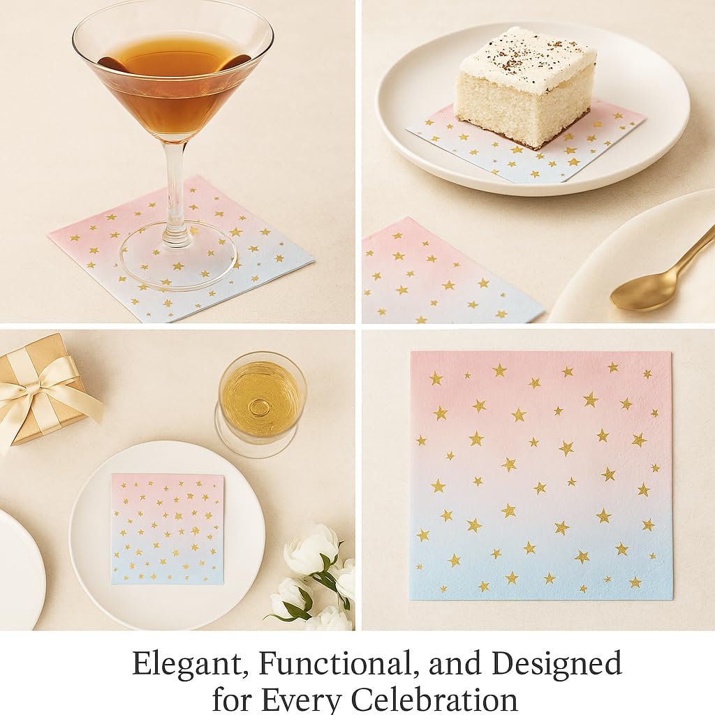 100 Gold Star Cocktail Napkins- 2-Ply Gradient paper Napkins for Parties, Weddings, Birthday, Bars & Everyday Use- Disposable Fancy Dinner Napkins (100-Pack)
