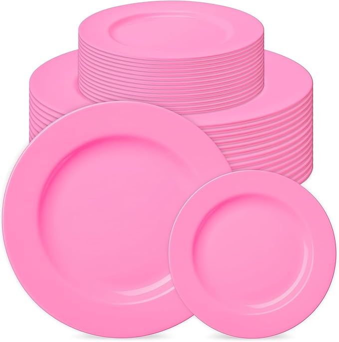 Prestee 50-pc Pink Plastic Plates - 25 Plastic Dinner Plate (10") + 25 Salad Small Plate (7") - Disposable Plate, Tea Party, Pink Party, Easter, Baby Shower Plates