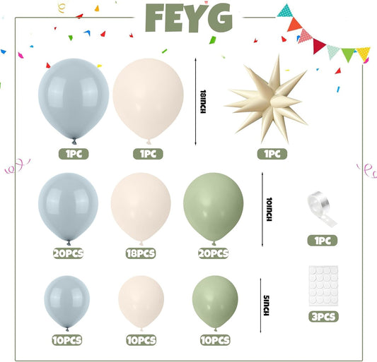 Dusty Blue Green Balloon Garland Arch Kit, Avocado Green Mist Blue White Sand Balloons Kit with Cream Star Balloons for Jungle Safari Neutral Birthday Baby Shower Boho Party Deocrations