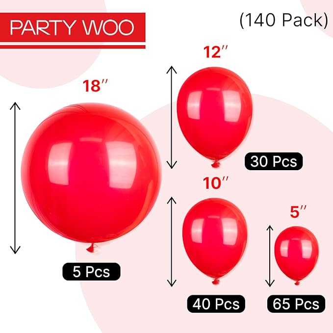PartyWoo Red Balloons 140 pcs Different Sizes of 18 12 10 5 Inch Red Balloon Arch Kit Garland for Birthday Graduation Bachelorette Citizenship Anniversary Cherry Casino Theme Party Decorations Red-Y57