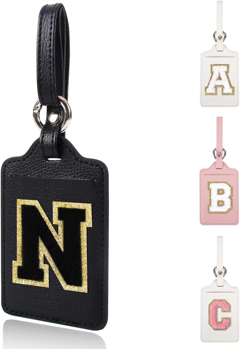 Personalized Initial Luggage Tags for Suitcases, Leather Chenille Letter Cute Luggage Tags with Privacy Name Card, Embroidered Travel Bag Backpack Tags Gifts for Women Kids Girls Teens(Black-N)