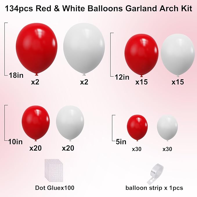 YMSZ Red and White Balloons Garland Arch Kit, 134pcs Red Balloon and White Balloons for Mother's Day, Valentine's Day, Birthday, Wedding, Christmas Party Decorations